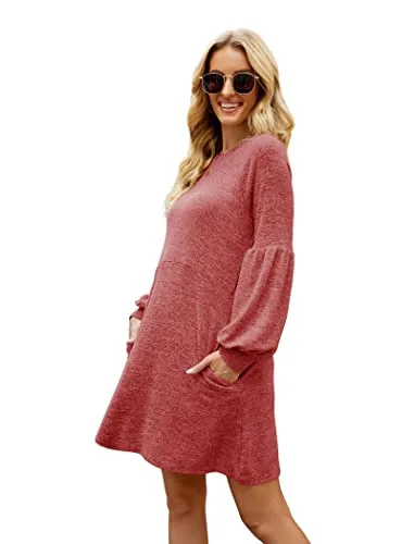 Fall Dresses for Women 2022 with Pocket Long Sleeve Sweater Dress Casual Brown